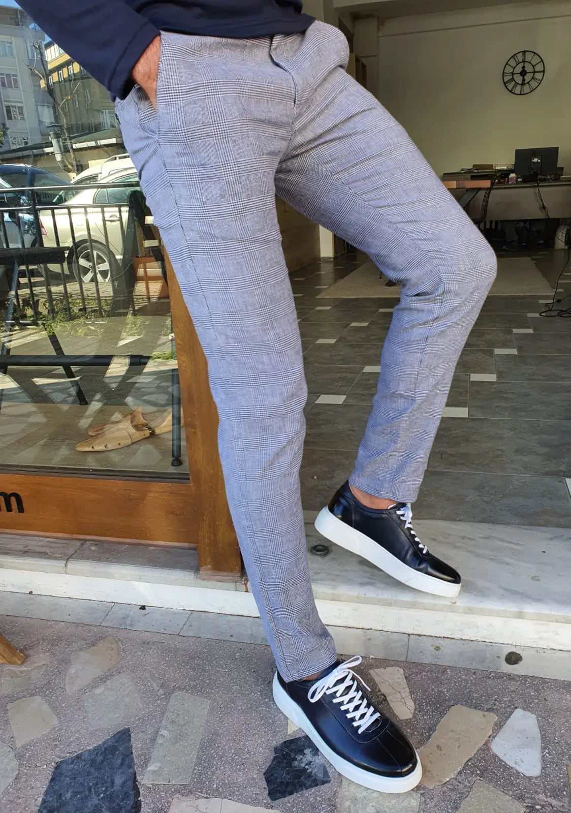 Montreal Navy Blue Slim Fit Plaid Cotton Pants - BRABION