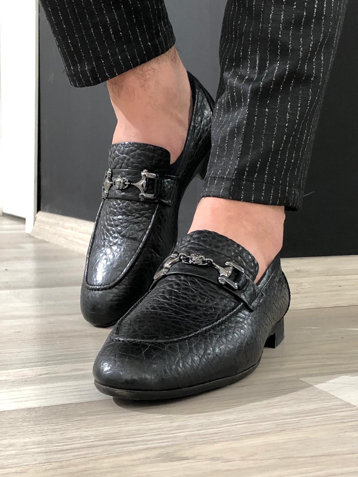 Ferrar Buckled Black Leather Loafers