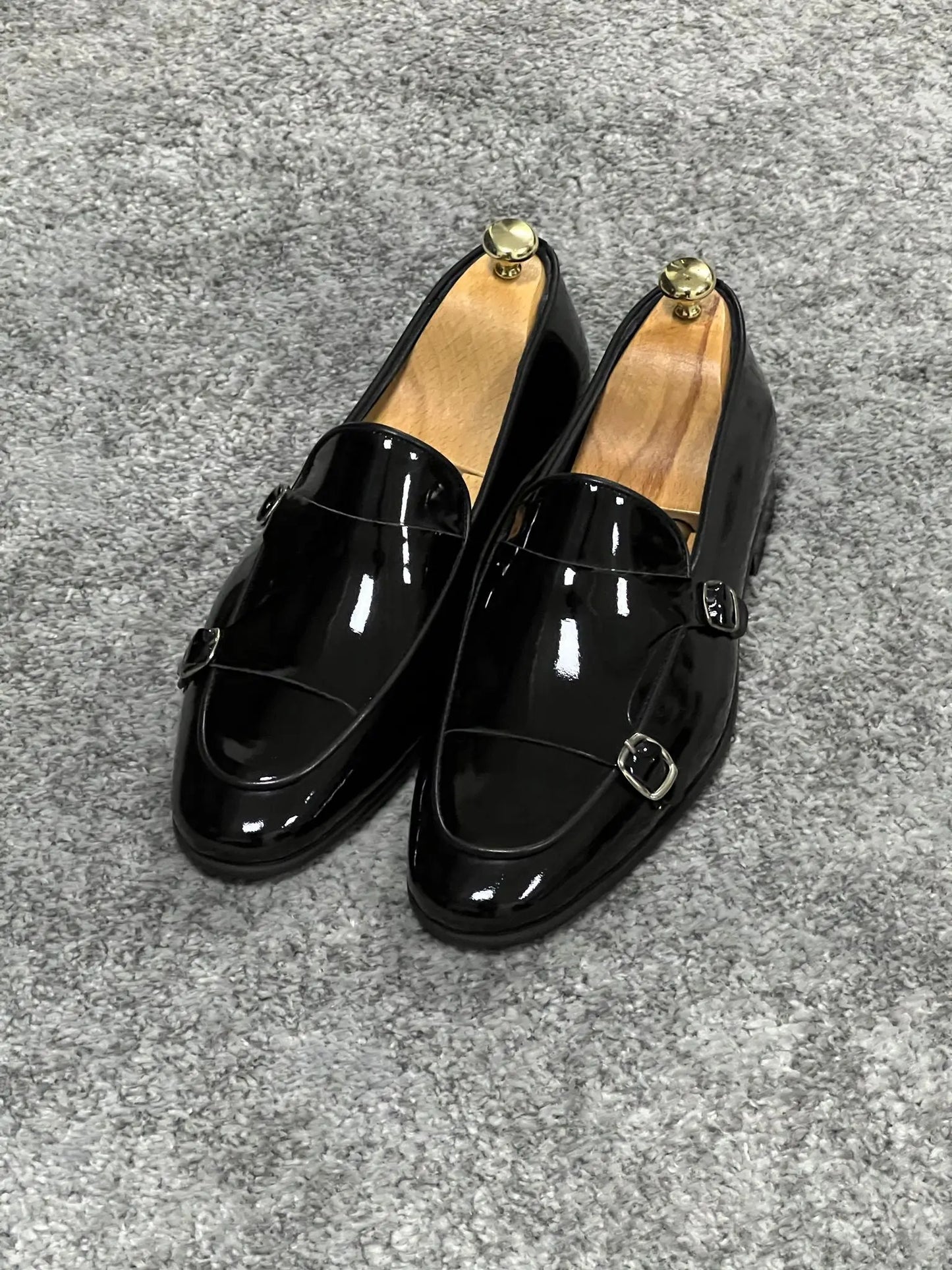Lenzi Special Edition Neolite Sole Double Monk Shiney Leather Black Shoes - BRABION