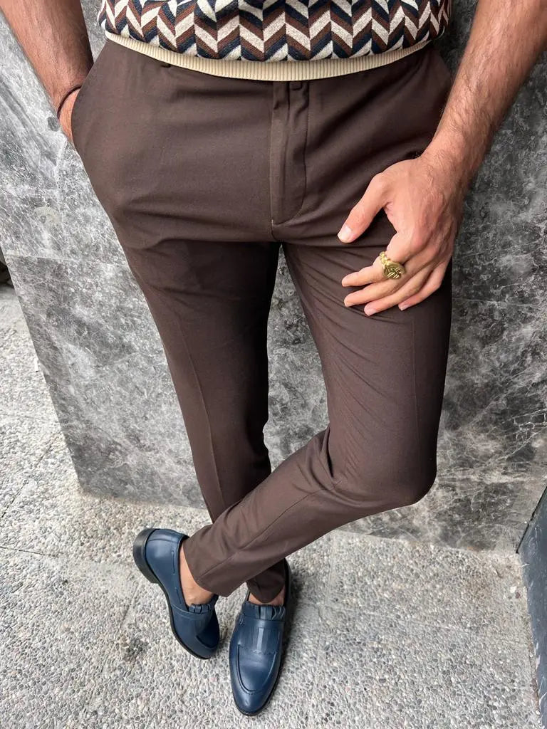 Sorento Dark Brown Slim Fit Pants - BRABION