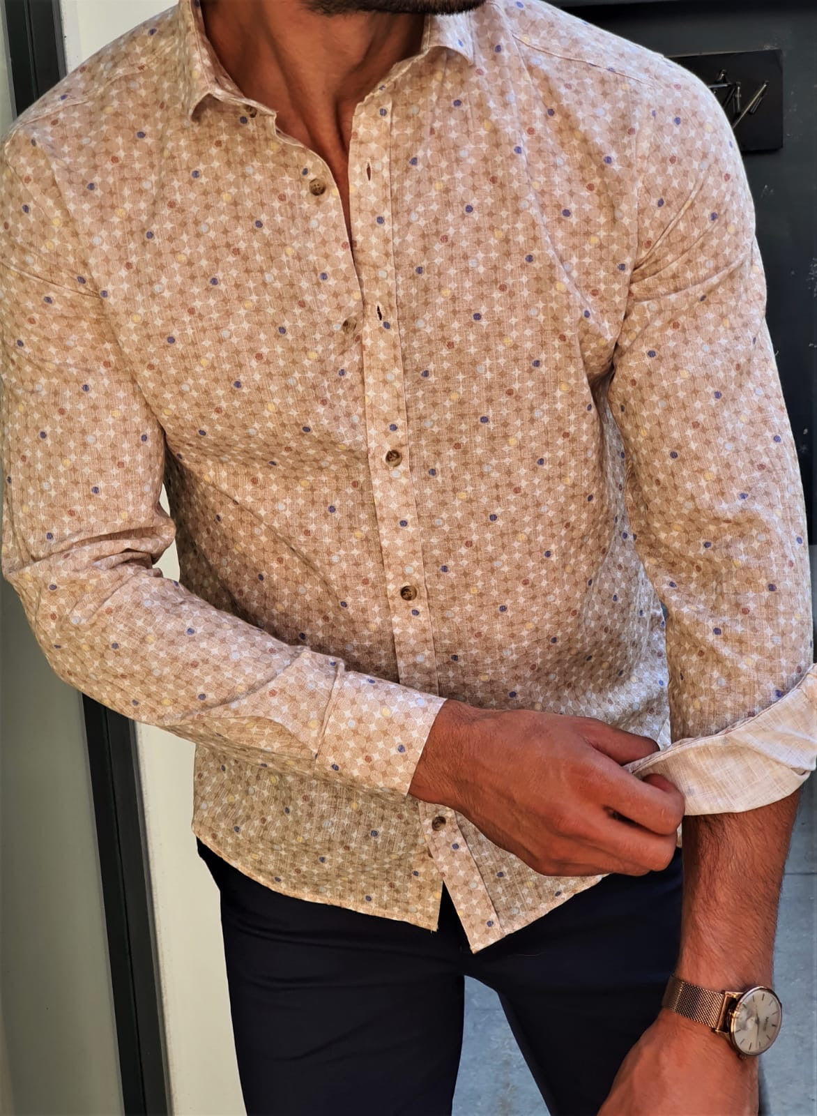 Brabion Stefano Beige Patterned Slim-Fit Cotton Shirt