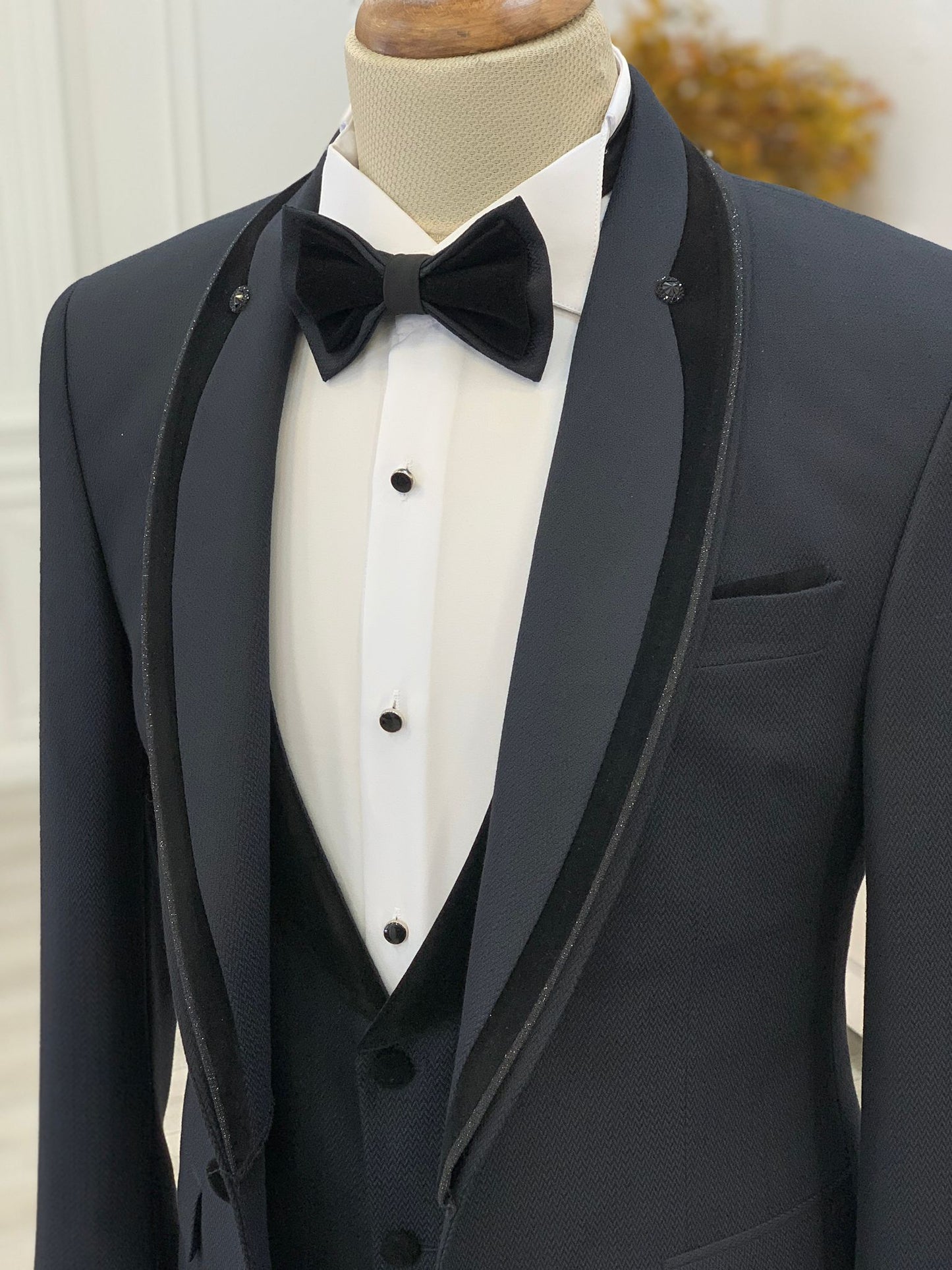 Caesar Navy Blue Slim Fit Velvet Shawl Button Lapel Tuxedo