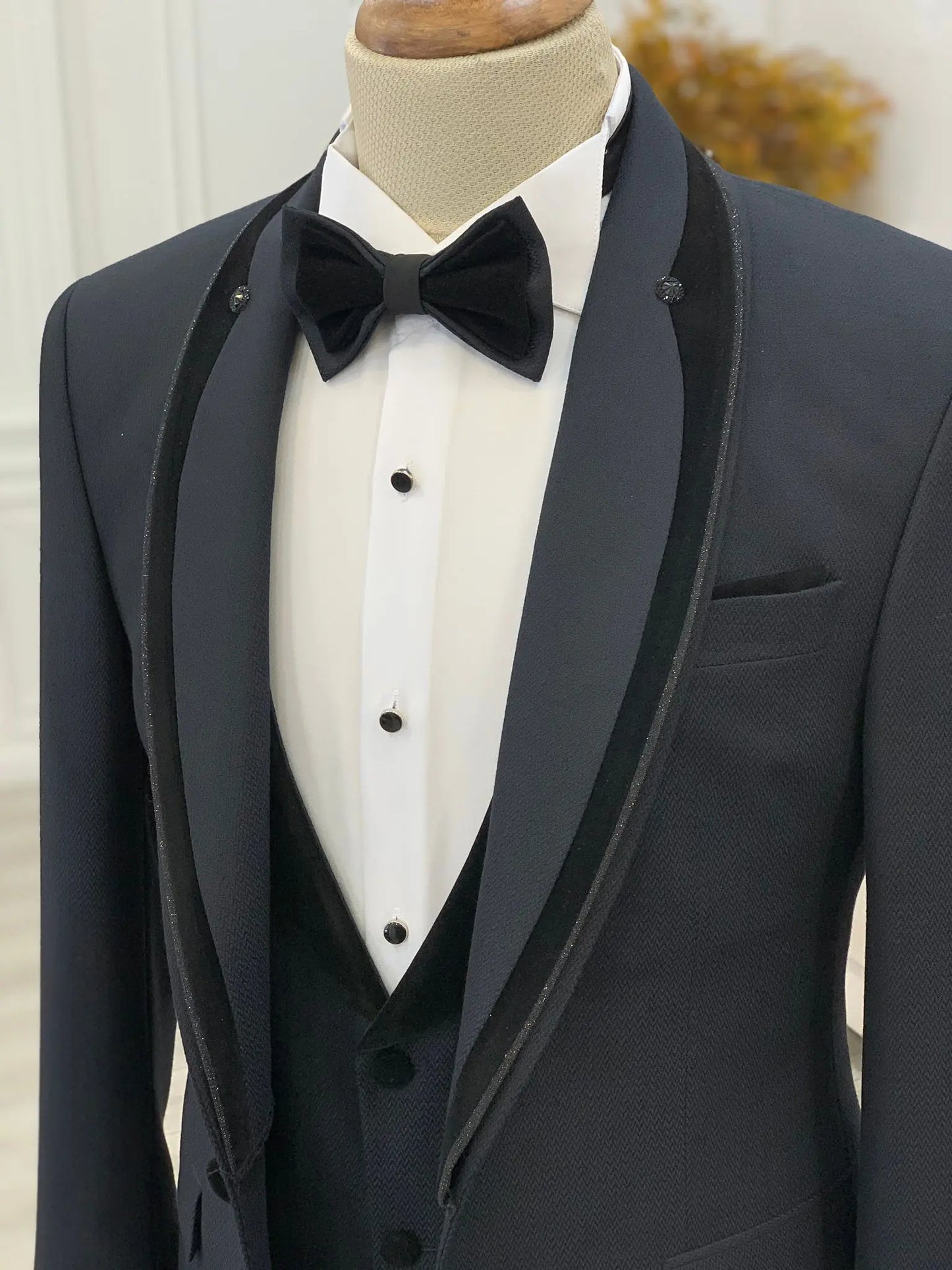 Caesar Navy Blue Slim Fit Velvet Shawl Button Lapel Tuxedo - BRABION
