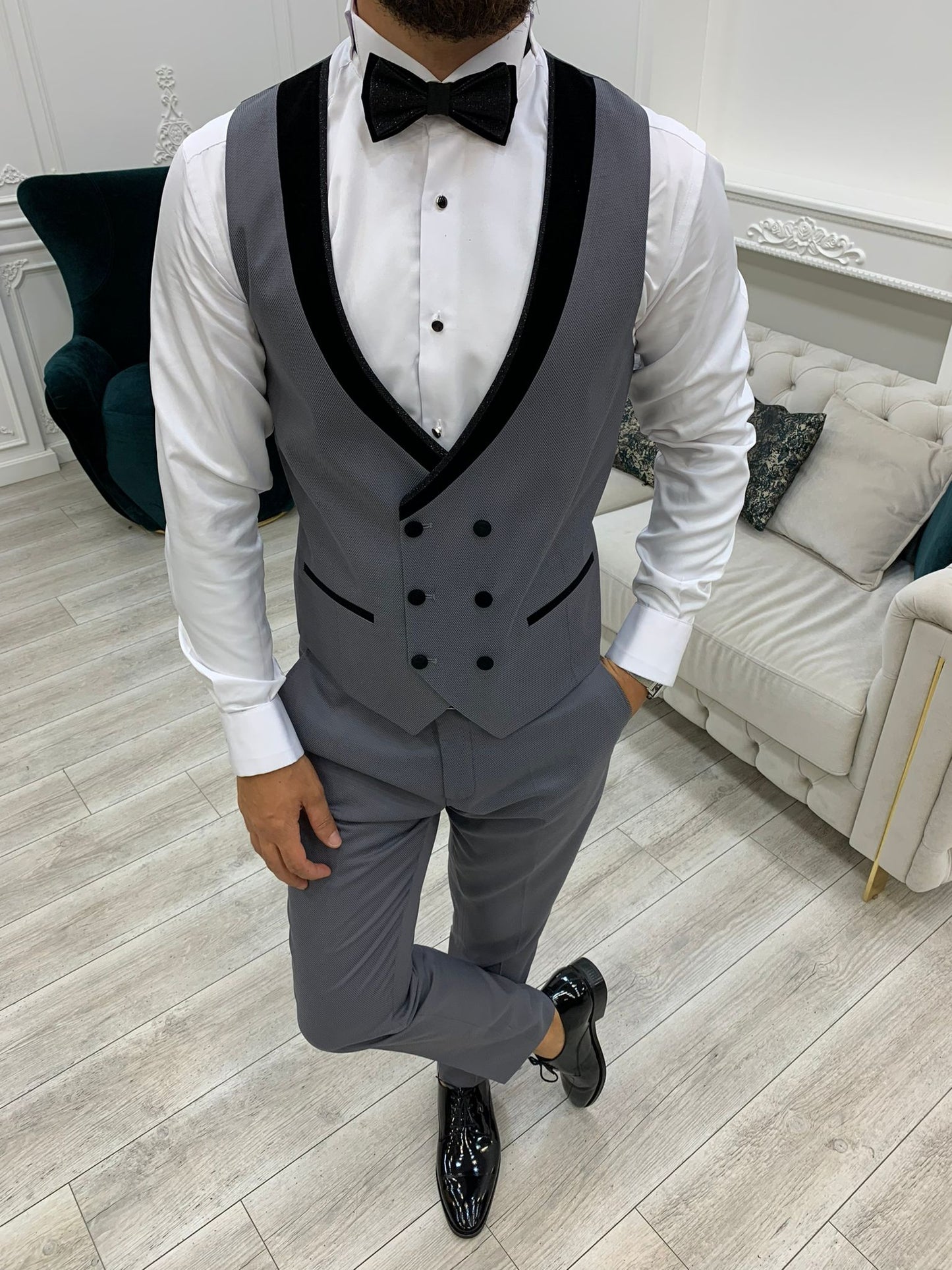 Acacia Gray Slim Fit Velvet Shawl Lapel Tuxedo