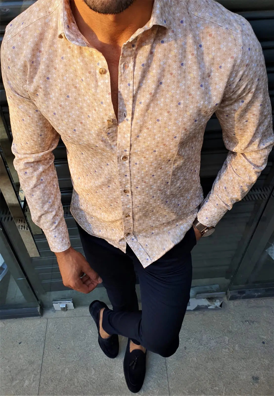 Brabion Stefano Beige Patterned Slim-Fit Cotton Shirt - BRABION