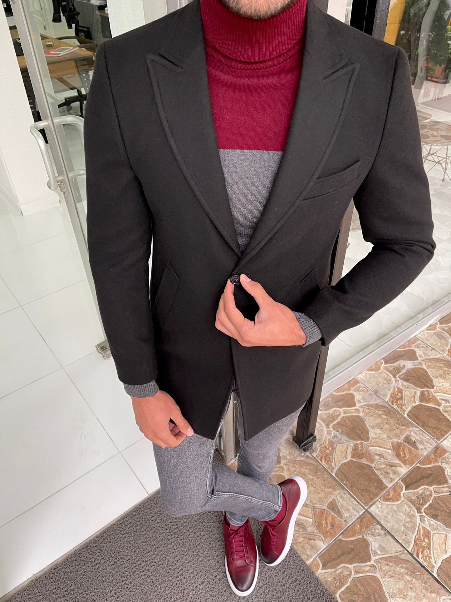 Viena Black Slim Fit Wool Long Coat