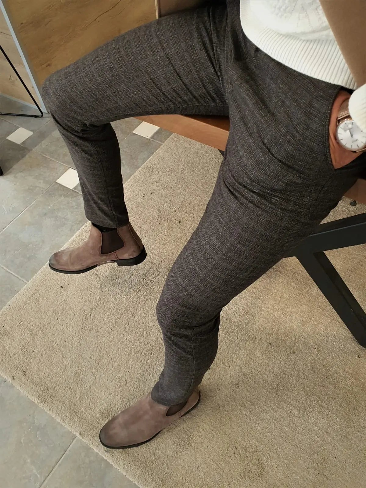 Henderson Brown Slim Fit Plaid Cotton Pants - BRABION
