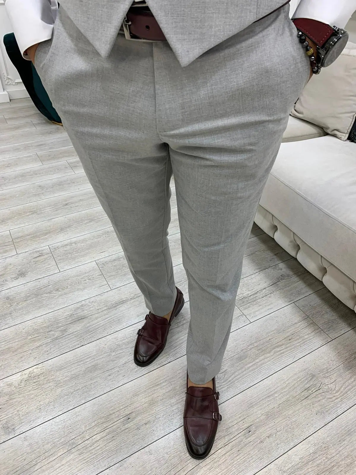 Lambrusco Dark Gray Slim Fit Peak Lapel Striped Suit - BRABION