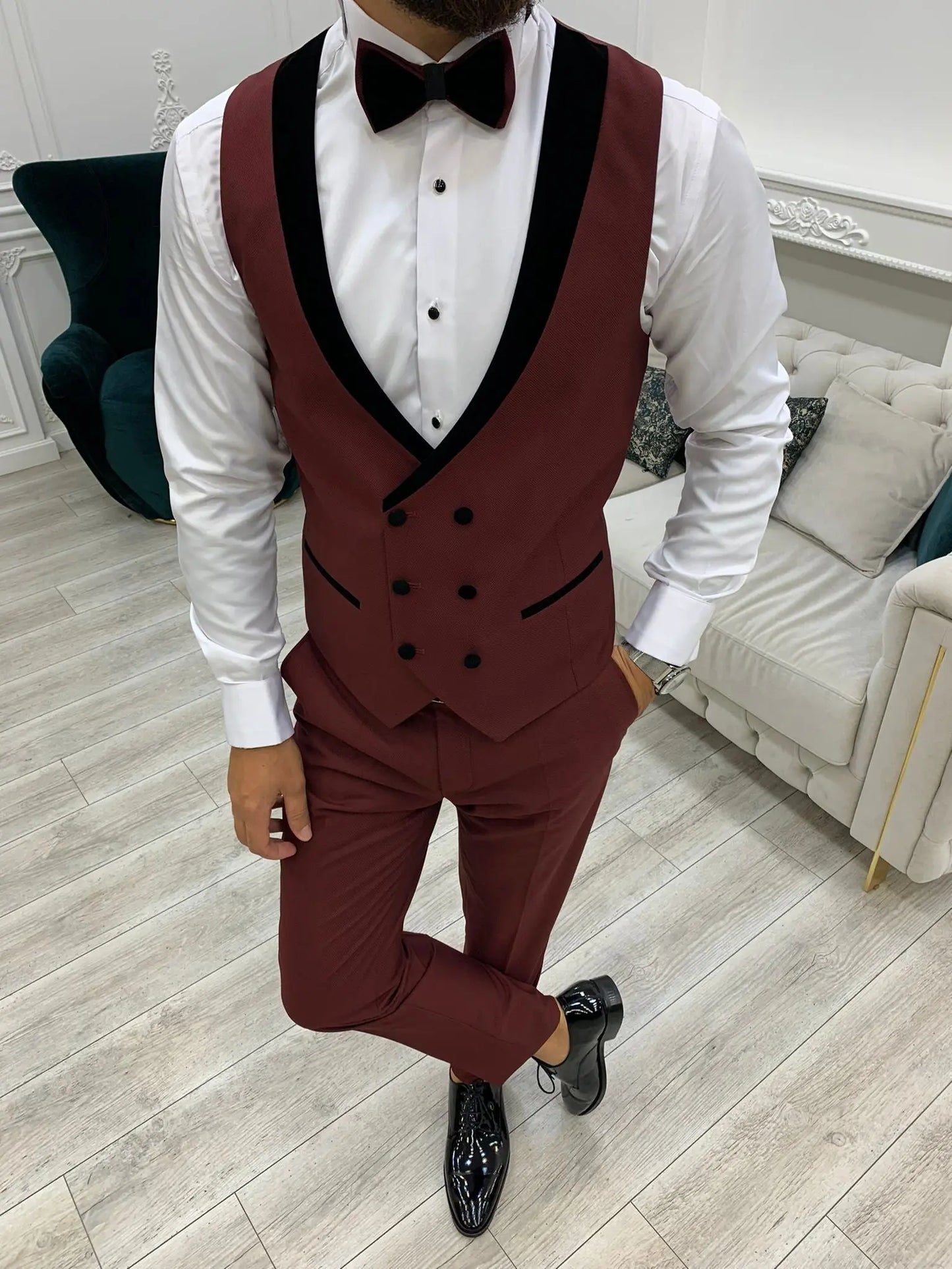 Lazio Burgundy Slim Fit Velvet Shawl Lapel Tuxedo - BRABION