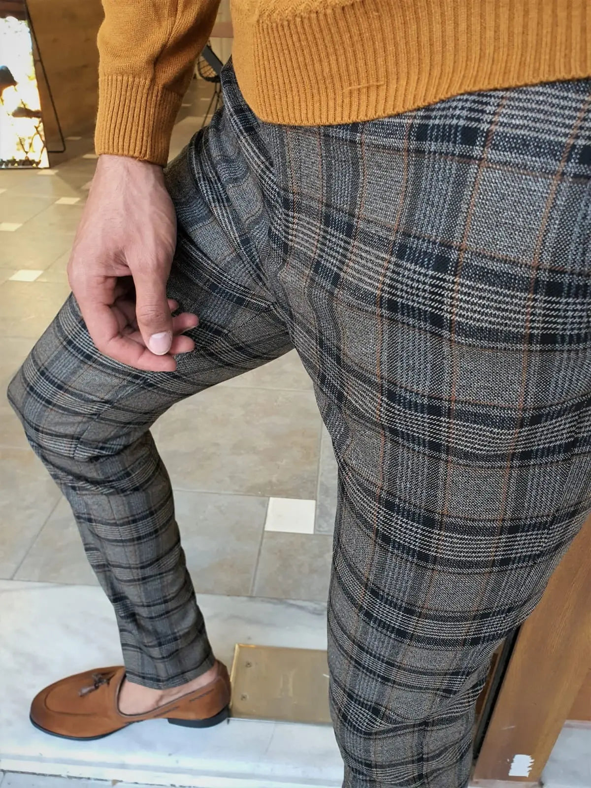 Henderson Camel Slim Fit Plaid Pants for the Modern Man - BRABION