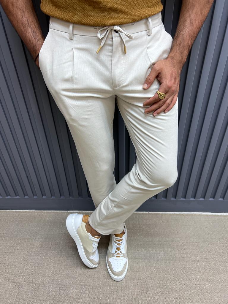 Sorento Beige Slim Fit Linen Pants