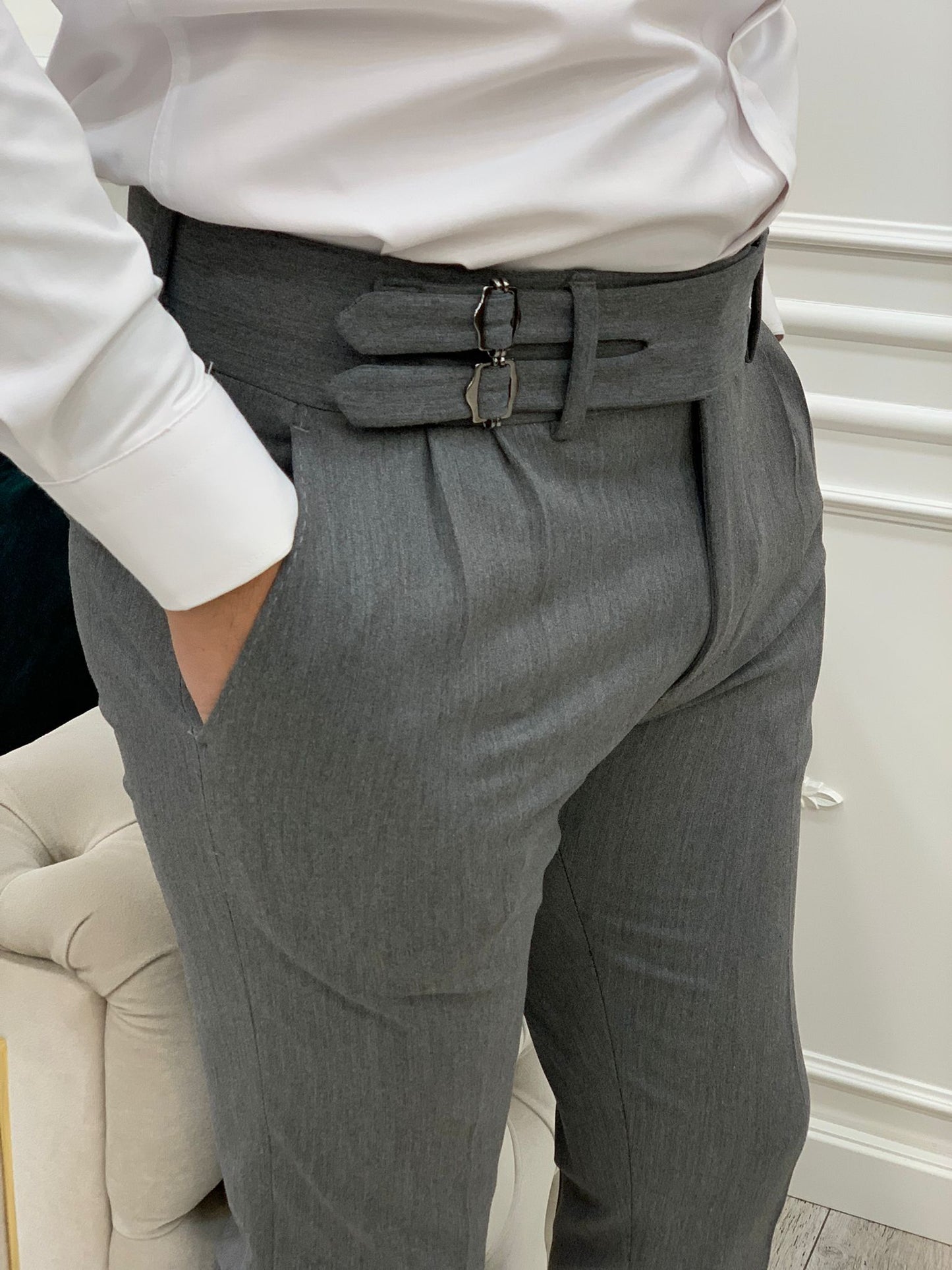 Grey Buckled Canvas Trousers for Every Occasion