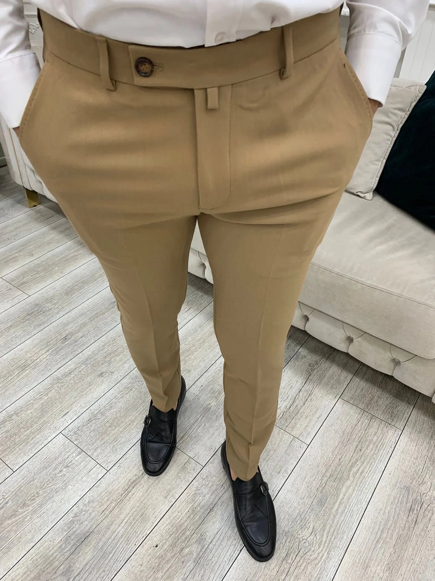 Cream Italian Style Slim Fit Trousers for Men - BRABION
