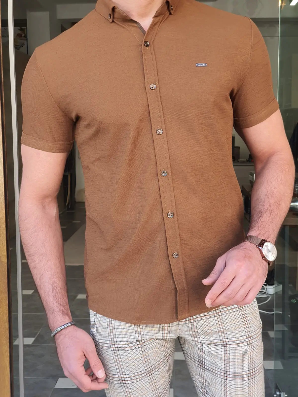 Brabion Napoli Camel Slim Fit Short Sleeve Shirt - BRABION