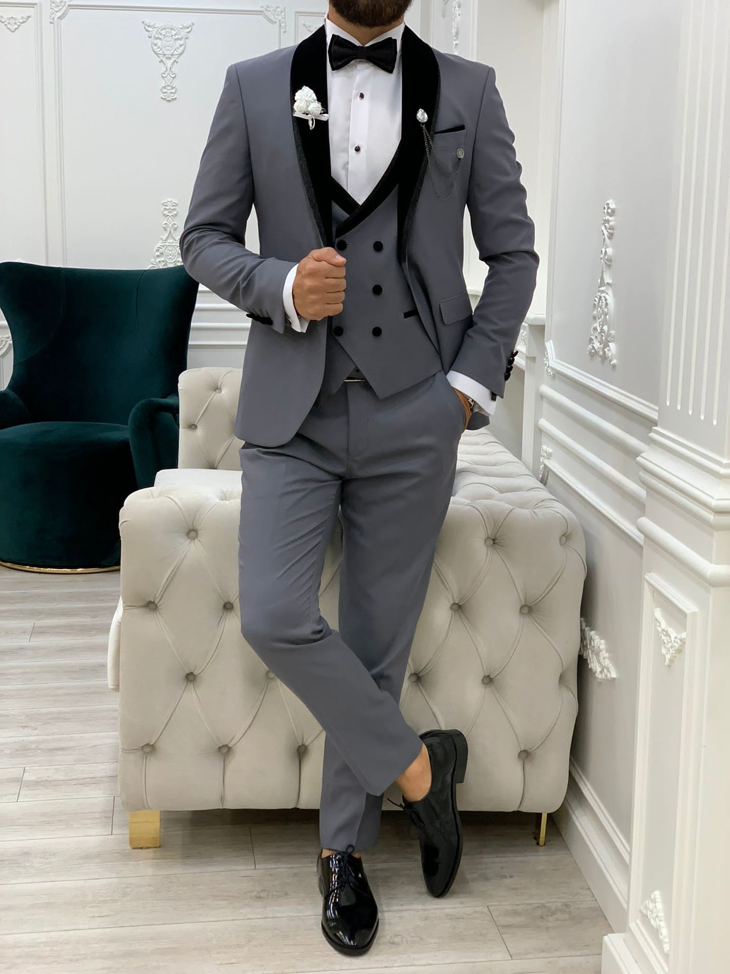 Acacia Gray Slim Fit Velvet Shawl Lapel Tuxedo