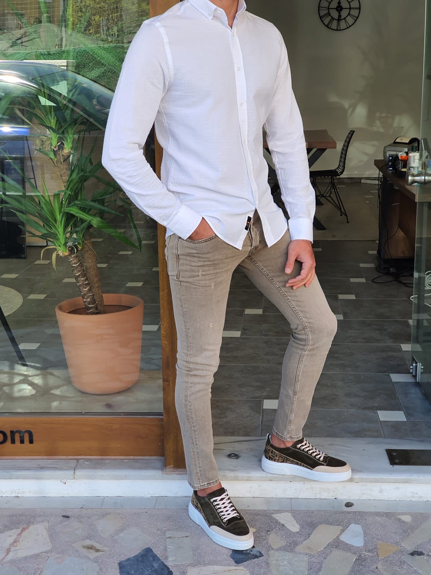 Brabion Aron White Slim Fit Long Sleeve Cotton Shirt