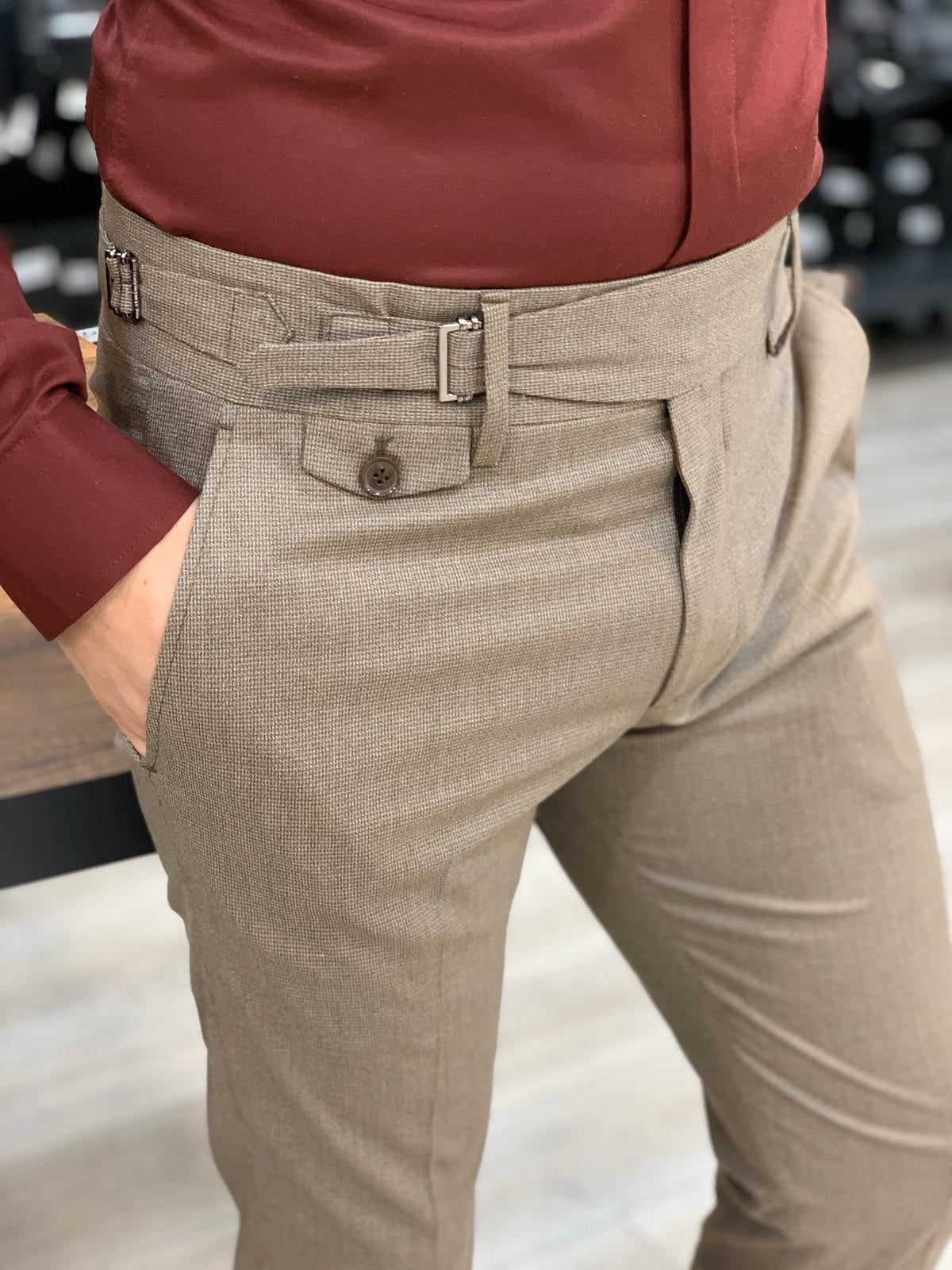 Jake Light Brown Pleated Buckled Slim Pants