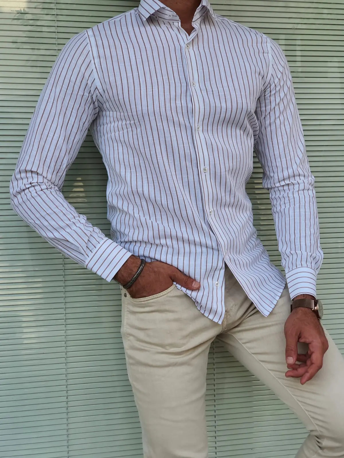 Brabion Berton Beige Slim Fit Long Sleeve Striped Cotton Shirt - BRABION