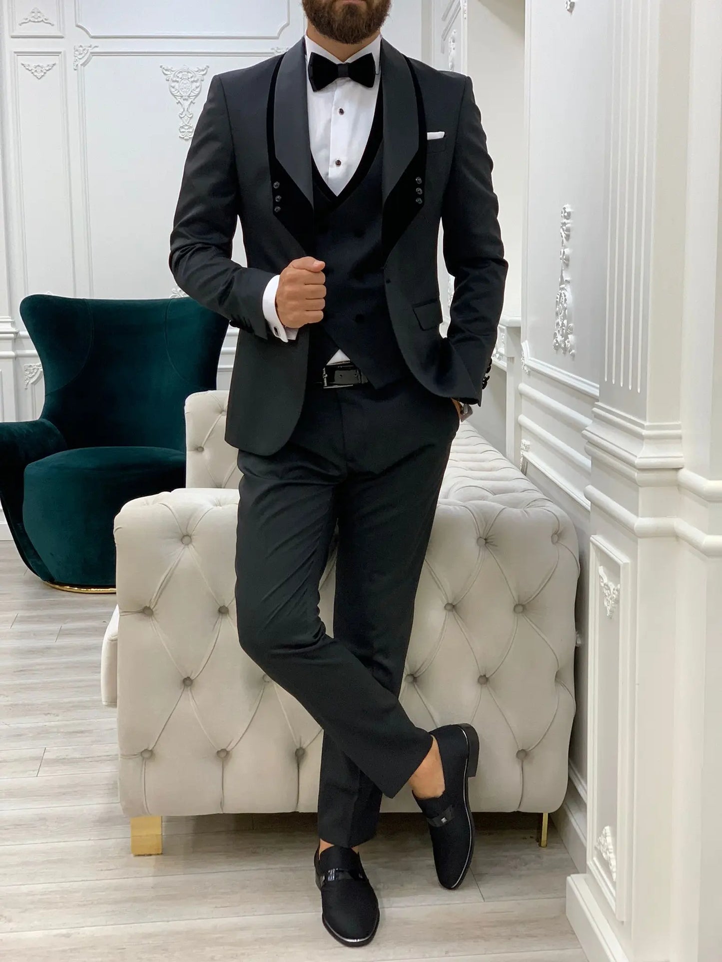 Infinite Black Slim Fit Velvet Shawl Lapel Tuxedo - BRABION