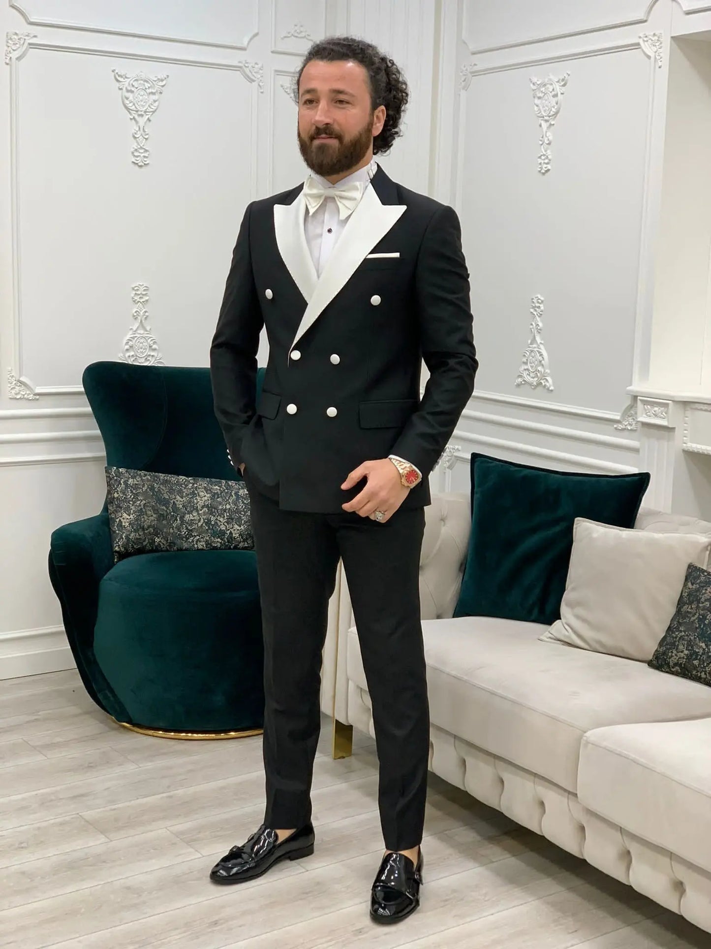 Paris White Black Slim Fit Double Breasted Tuxedo - BRABION