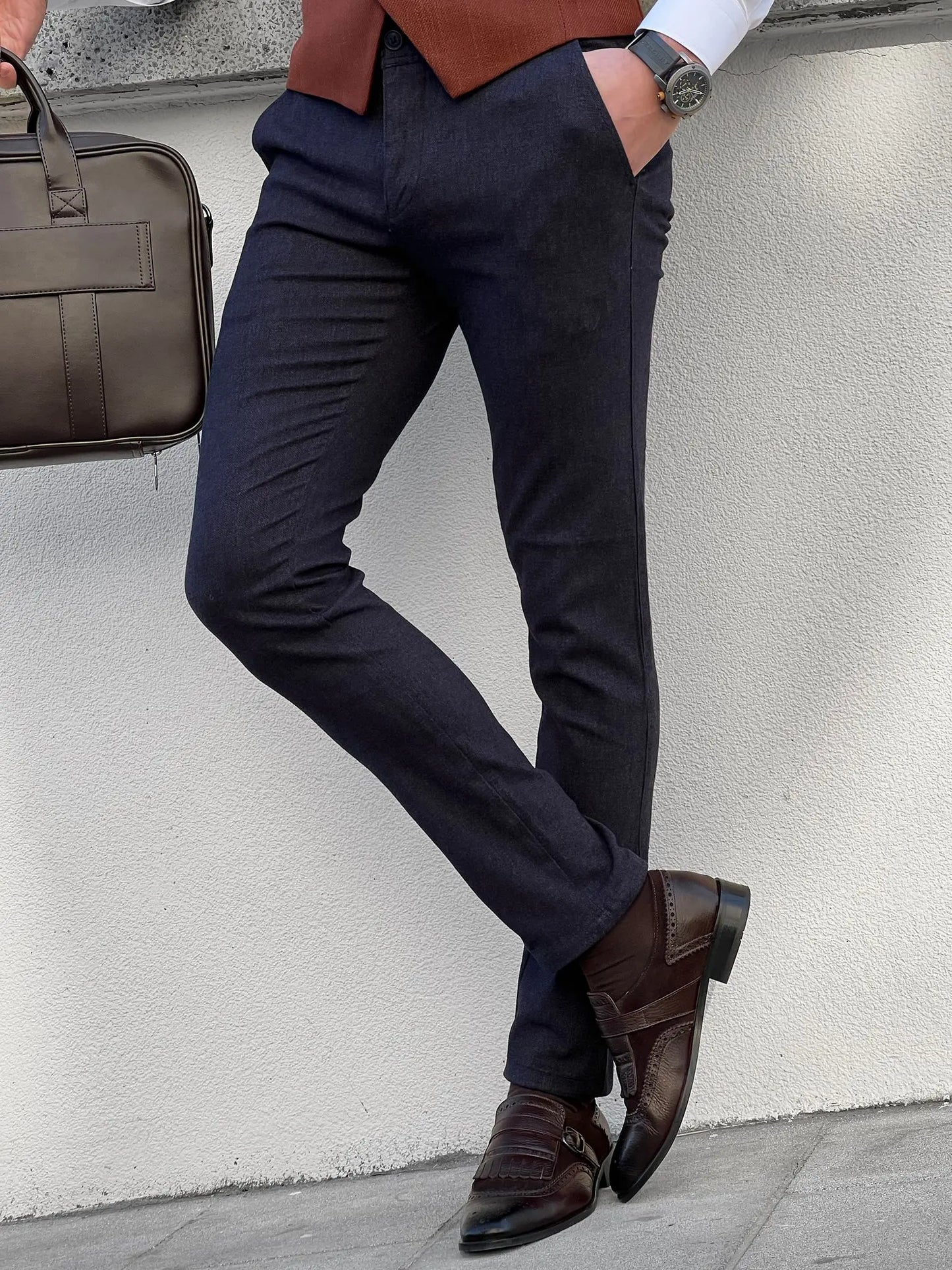 Fabio Navy Blue Slim Fit Cotton Pants - BRABION