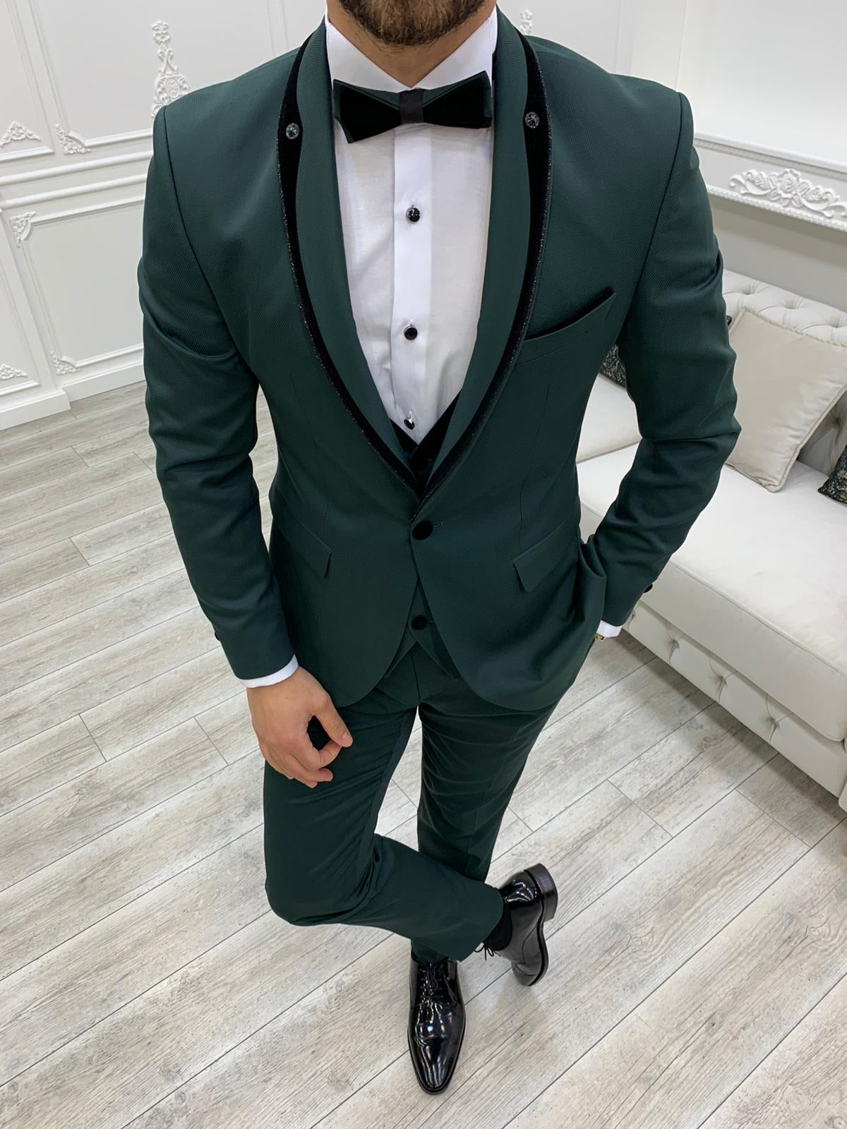 Infinite Green Slim Fit Velvet Peak Lapel Tuxedo - BRABION