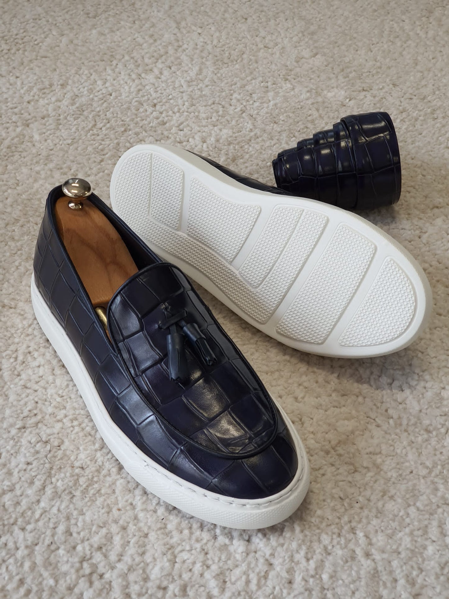 Berton Navy Blue Tassel Loafers: Sophisticated Elegance