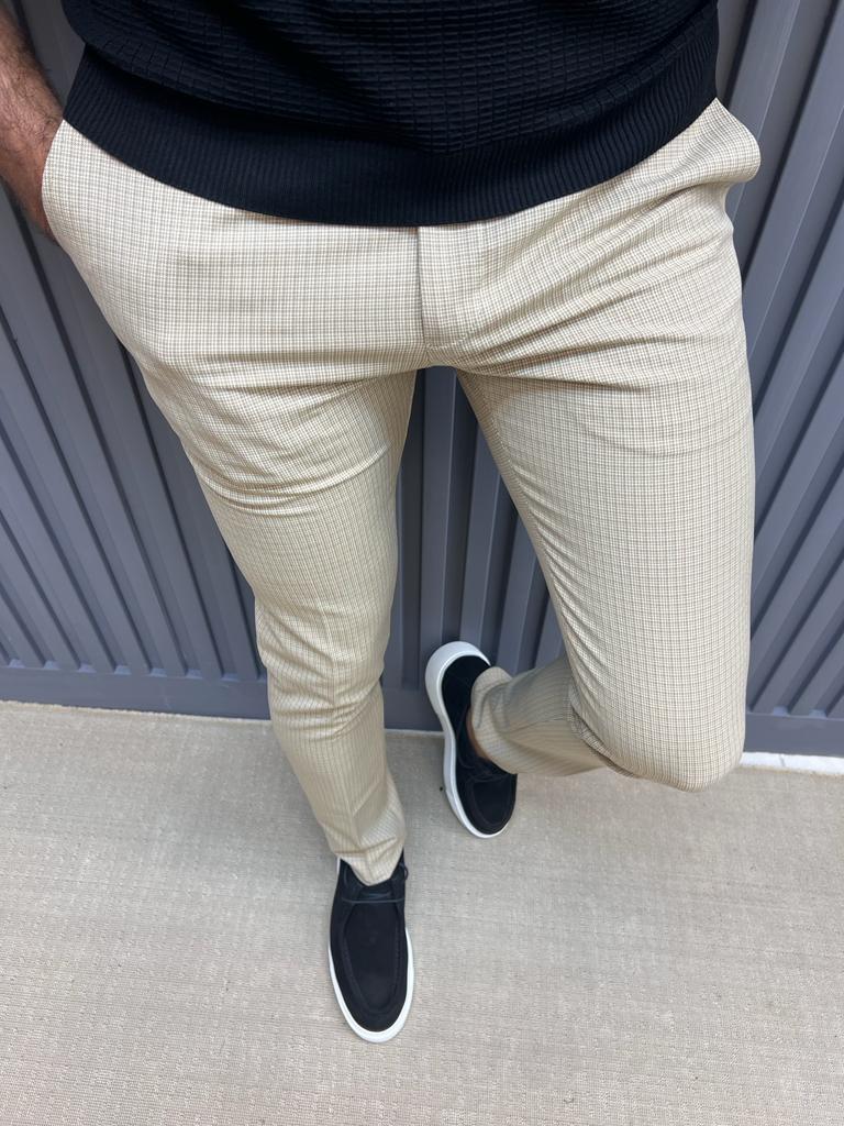 Sorento Beige Slim Fit Plaid Cotton Pants