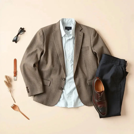 Tailored blazer, dress shirt, trousers, belt, and oxford shoes arranged neatly in neutral lighting
