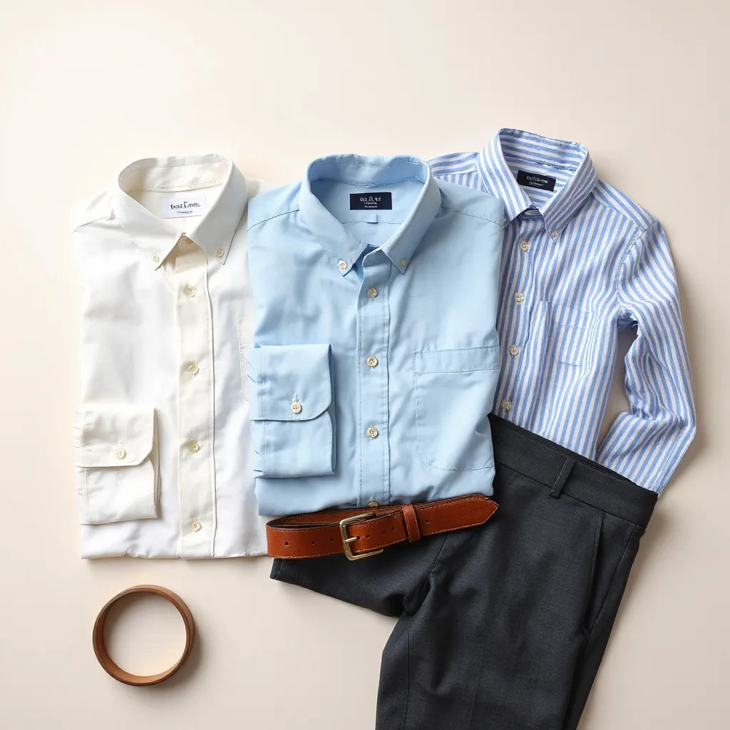 Neatly pressed Italian-style dress shirts with visible collar, cuffs, and tailored fit on a neutral background
