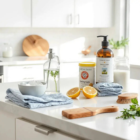 Neat assortment of natural cleaning supplies on a bright kitchen countertop with cloths, soap, and baking soda.