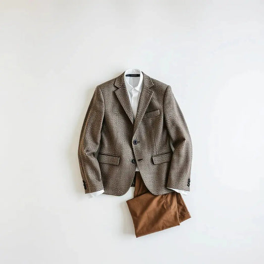Brown houndstooth blazer with a white dress shirt and tailored trousers on a neutral background