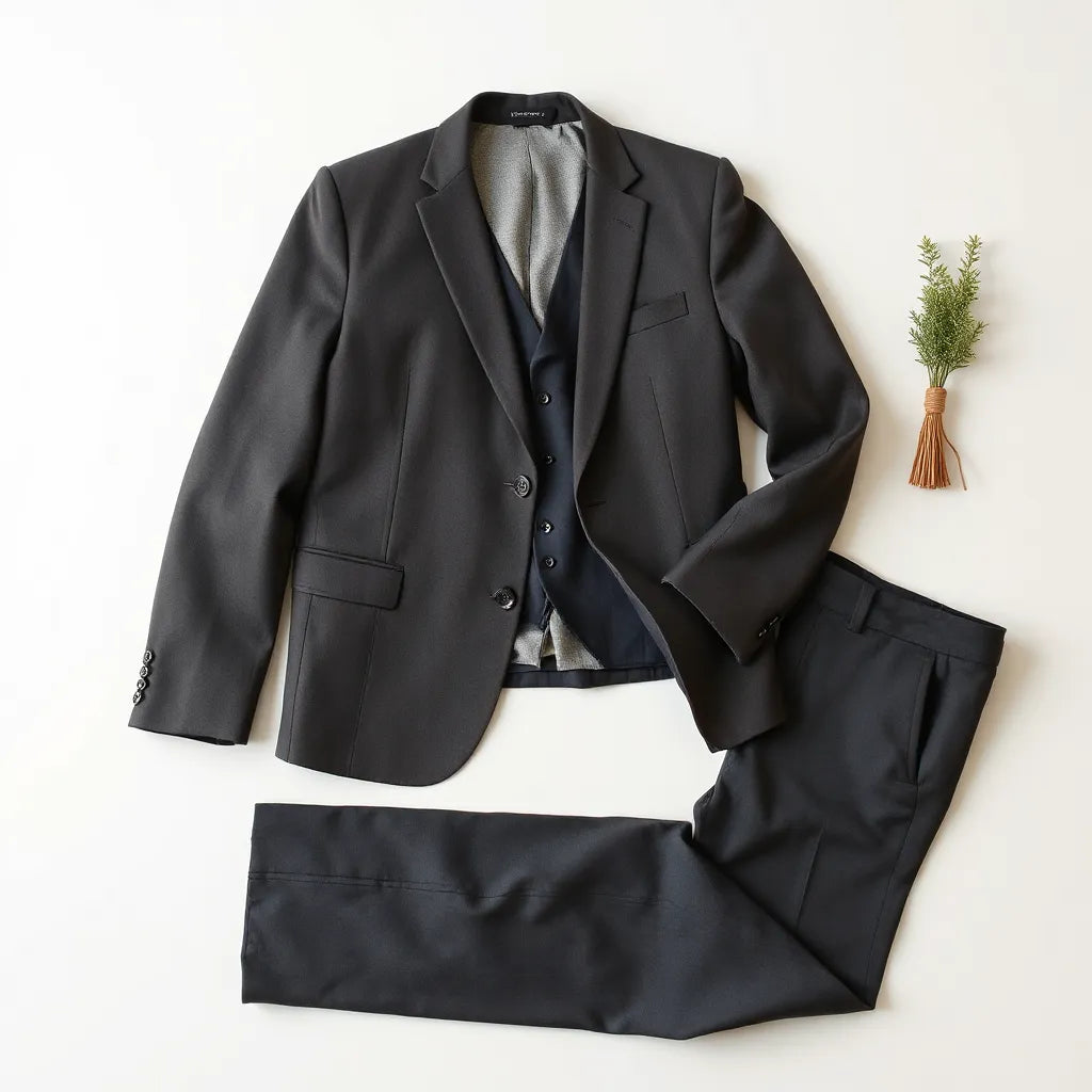 Neatly arranged tailored three-piece suit set with jacket, vest, and matching trousers on a neutral background.