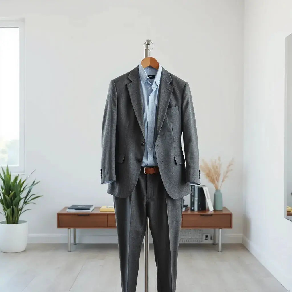 A neatly tailored blazer and matching trousers displayed with a crisp dress shirt in soft natural light