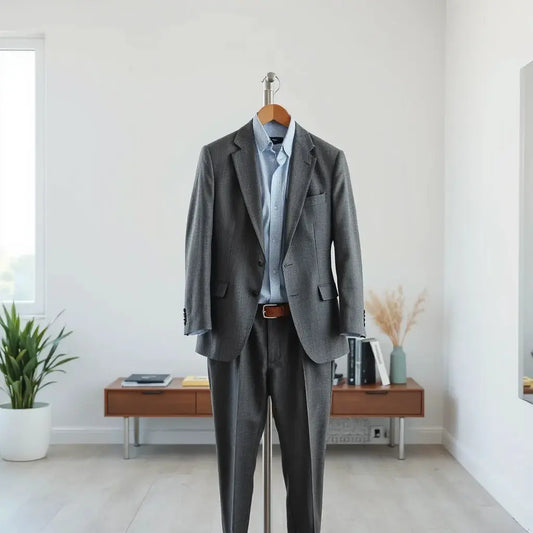 A neatly tailored blazer and matching trousers displayed with a crisp dress shirt in soft natural light