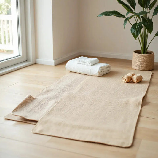Two muted earth-toned eco-friendly yoga mats on a wood floor with a cotton towel and soft daylight