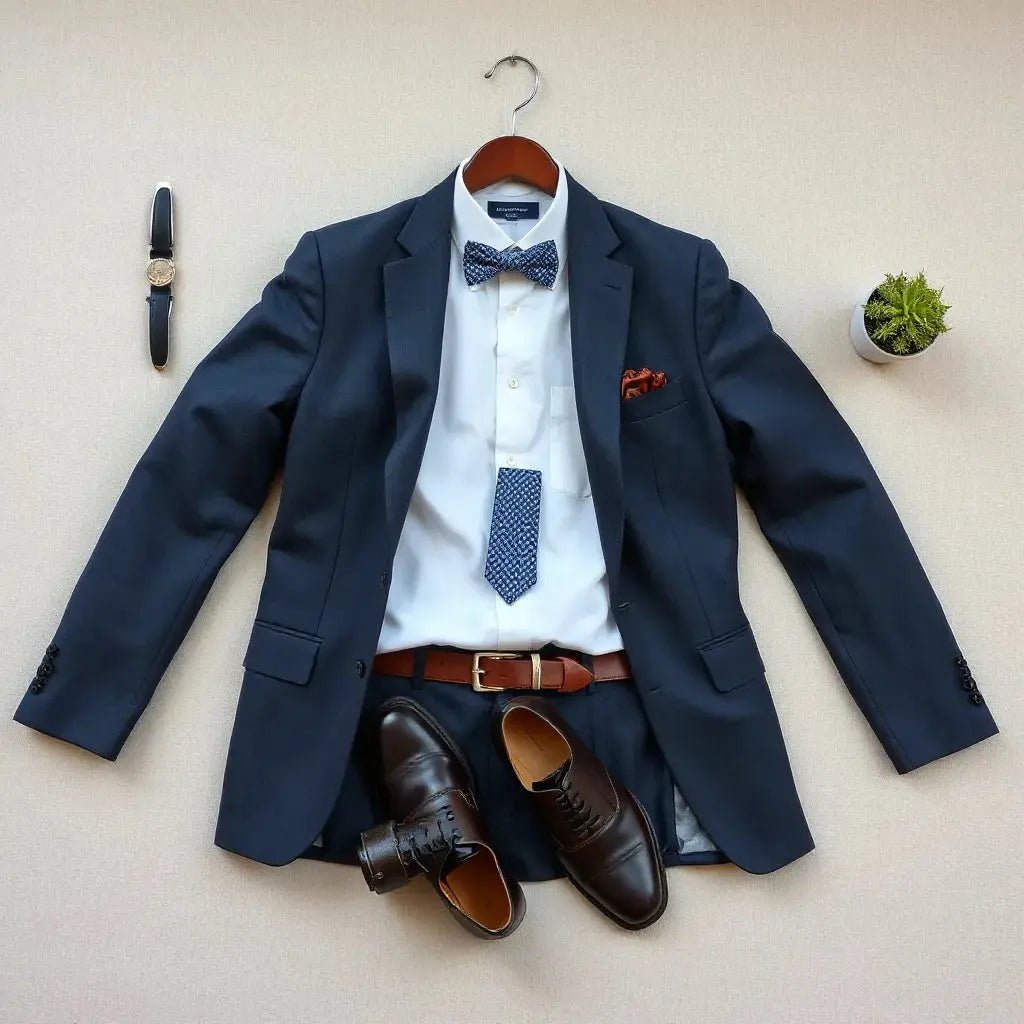 Modern wedding suit with jacket, dress shirt, tie, and polished shoes arranged neatly in soft light