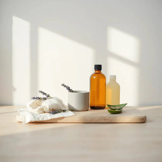 Organic skincare products with glass bottles, a ceramic jar, and fresh botanicals on a light wooden surface