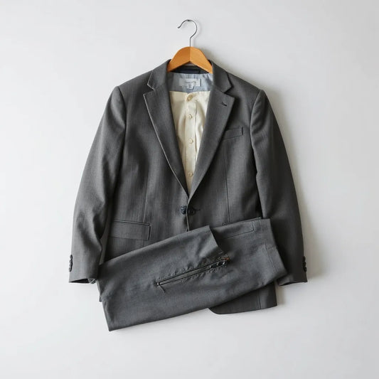 Slim-fit suit jacket and trousers neatly arranged on a hanger with crisp fabric texture