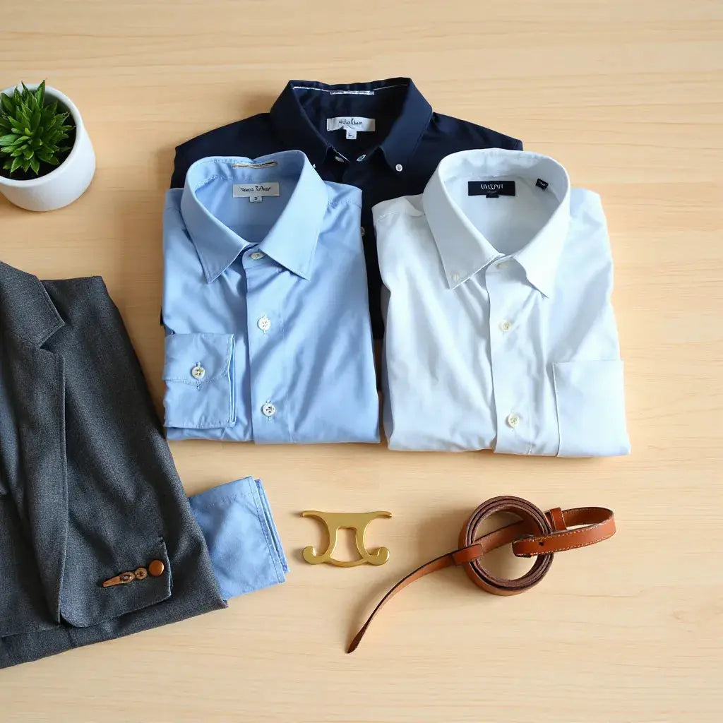 Neatly folded business casual shirts in neutral colors with a blazer and belt on a light wood desk