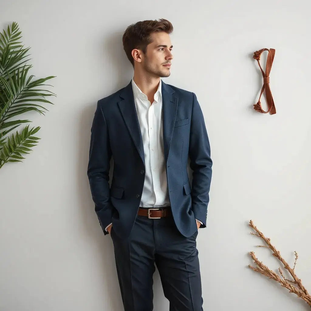 Navy slim fit blazer worn with a white dress shirt and dark trousers against a neutral background