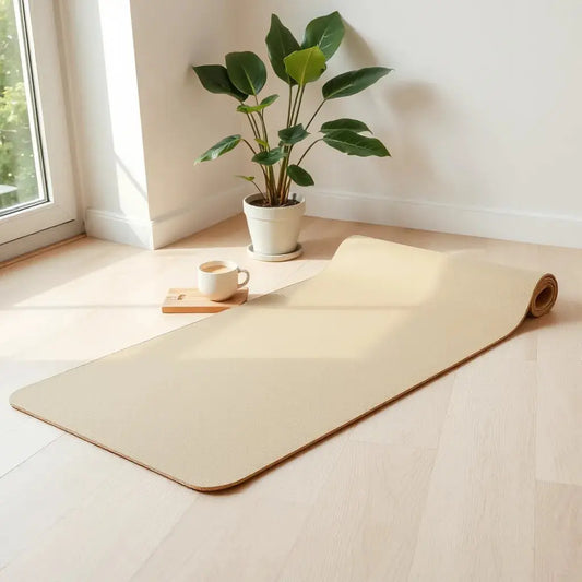 Eco-friendly yoga mat on a wooden floor beside a plant and a ceramic water cup