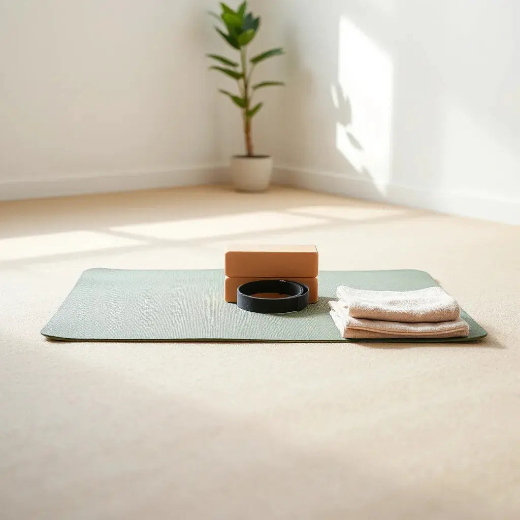 Yoga mat with blocks and strap arranged neatly for beginner practice at home