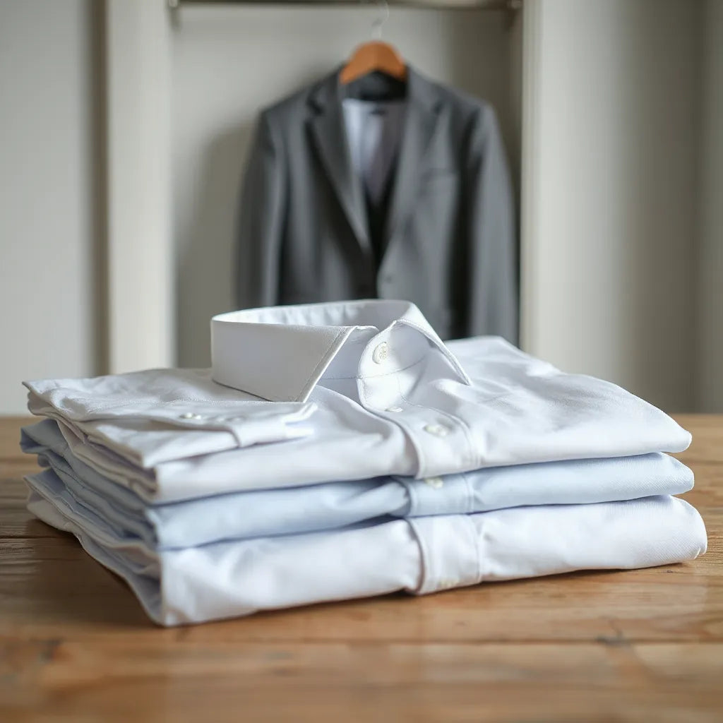 Neatly folded dress shirts with crisp collars and cuffs in neutral tones on a clean tabletop