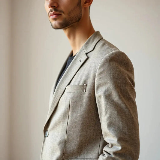 Tailored luxury blazer with visible lapels and buttons on a well-fitted man against a neutral background