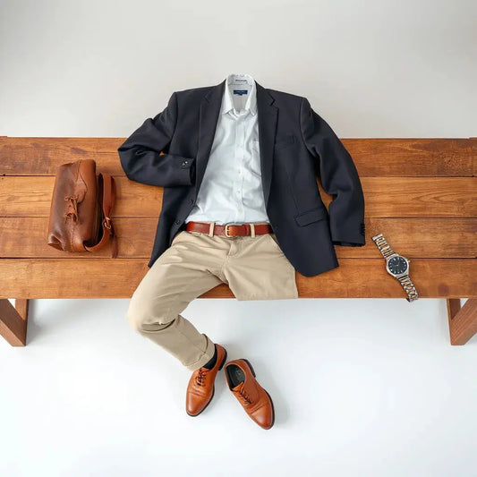 Neatly arranged business casual clothing essentials: shirt, blazer, chinos, belt, and leather shoes