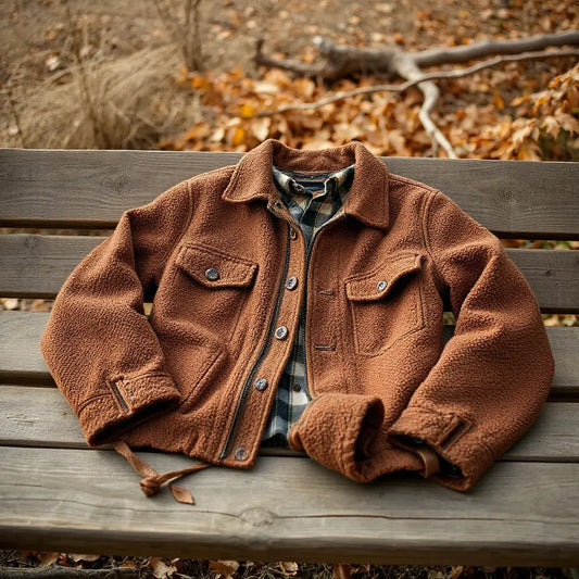 Men’s textured chenille hunting jacket with plaid shirt, shown on a wooden bench in an autumn outdoor setting