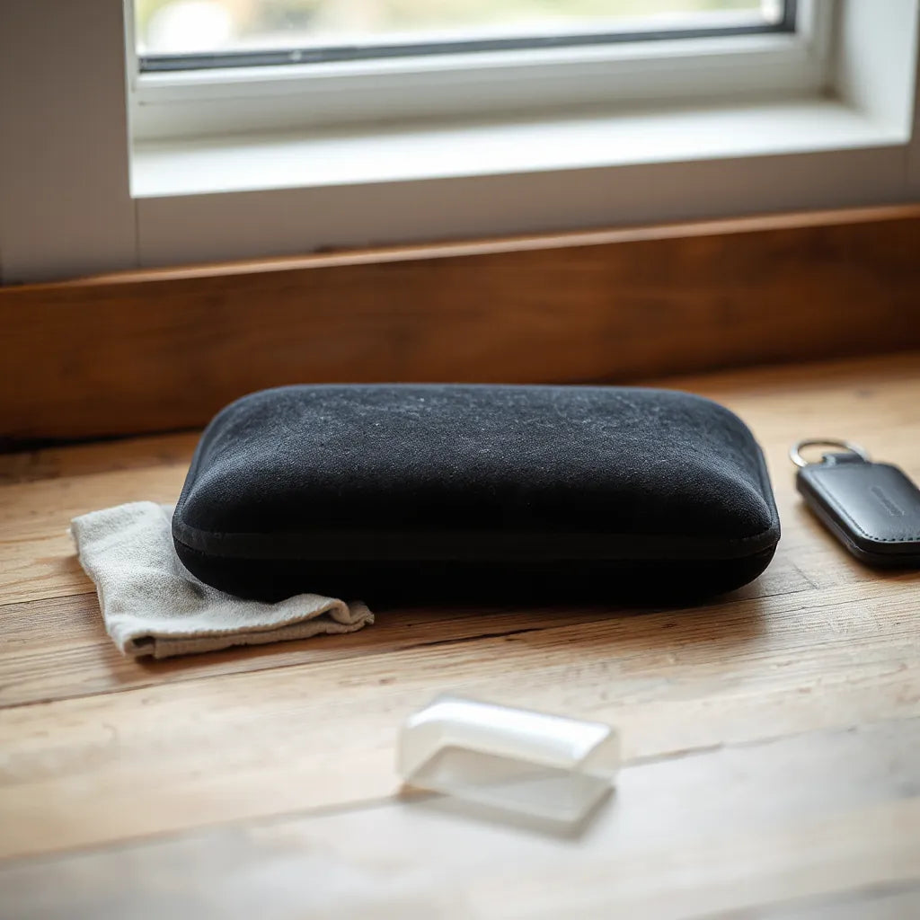 Dark velvet case with soft texture on a wooden surface, with a cloth nearby
