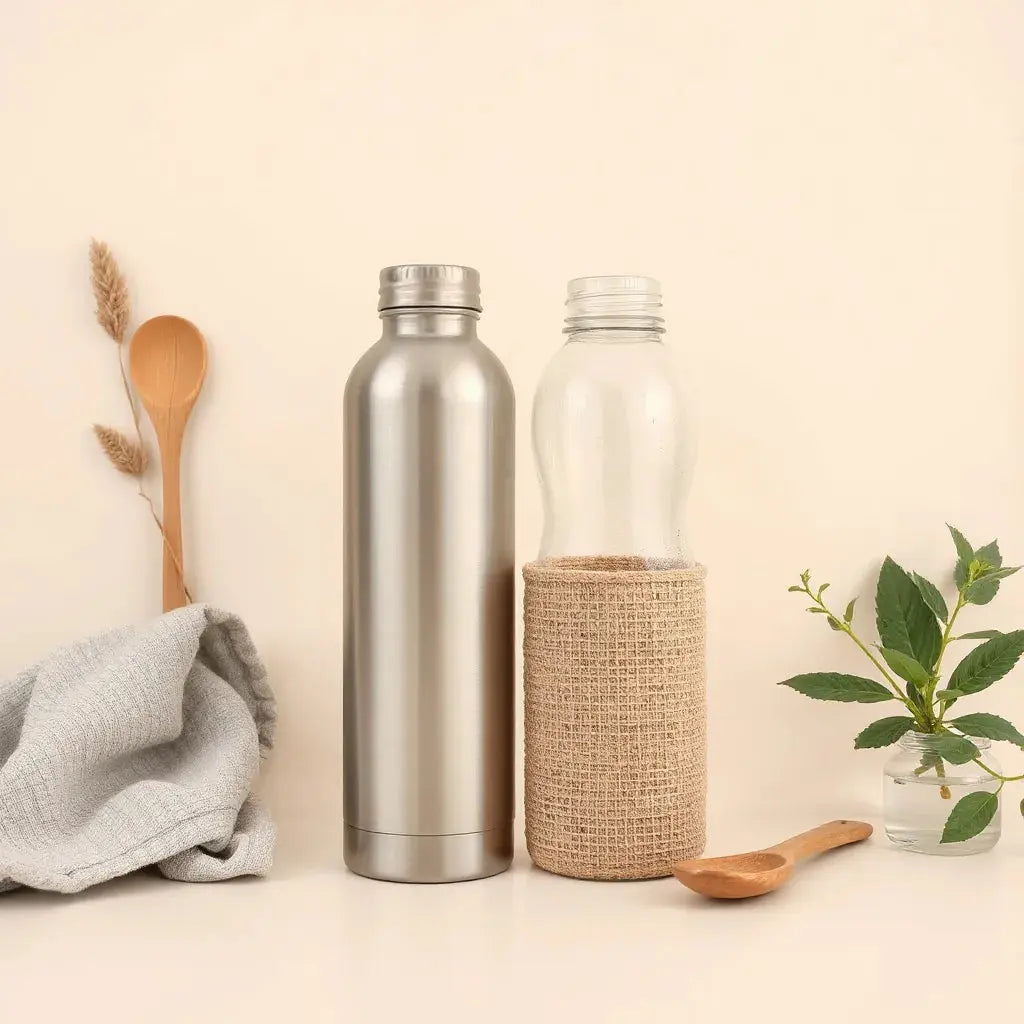Reusable stainless steel and glass water bottles with a natural-fiber sleeve on a clean tabletop