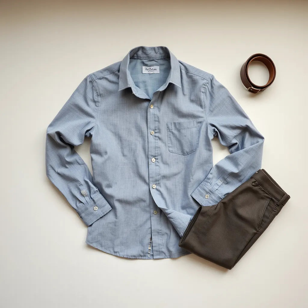 Neatly pressed Italian-style men’s shirt with visible collar and buttons beside tailored trousers and belt